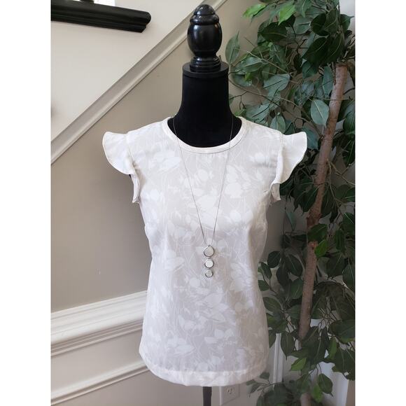 J.Crew Blouse Top Women's 0 Beige Floral Back Zip Ruffle Cap Sleeve Crew Neck - Picture 1 of 11